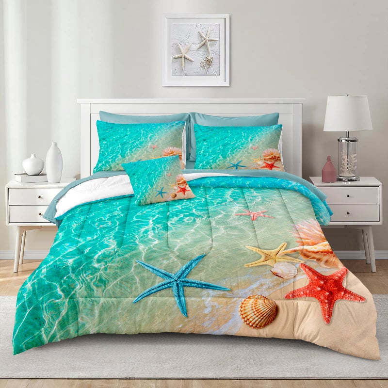 Merryword طقم سرير Merryword King Ocean (8 قطع باللون الأخضر) - سرير في حقيبة على طراز الشاطئ مع ملاءات لحاف وأغطية وسائد وغطاء وسادة - Image 1